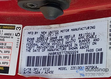 2007 Toyota Corolla S from USA, damaged, VIN 1NXBR32E77Z922224